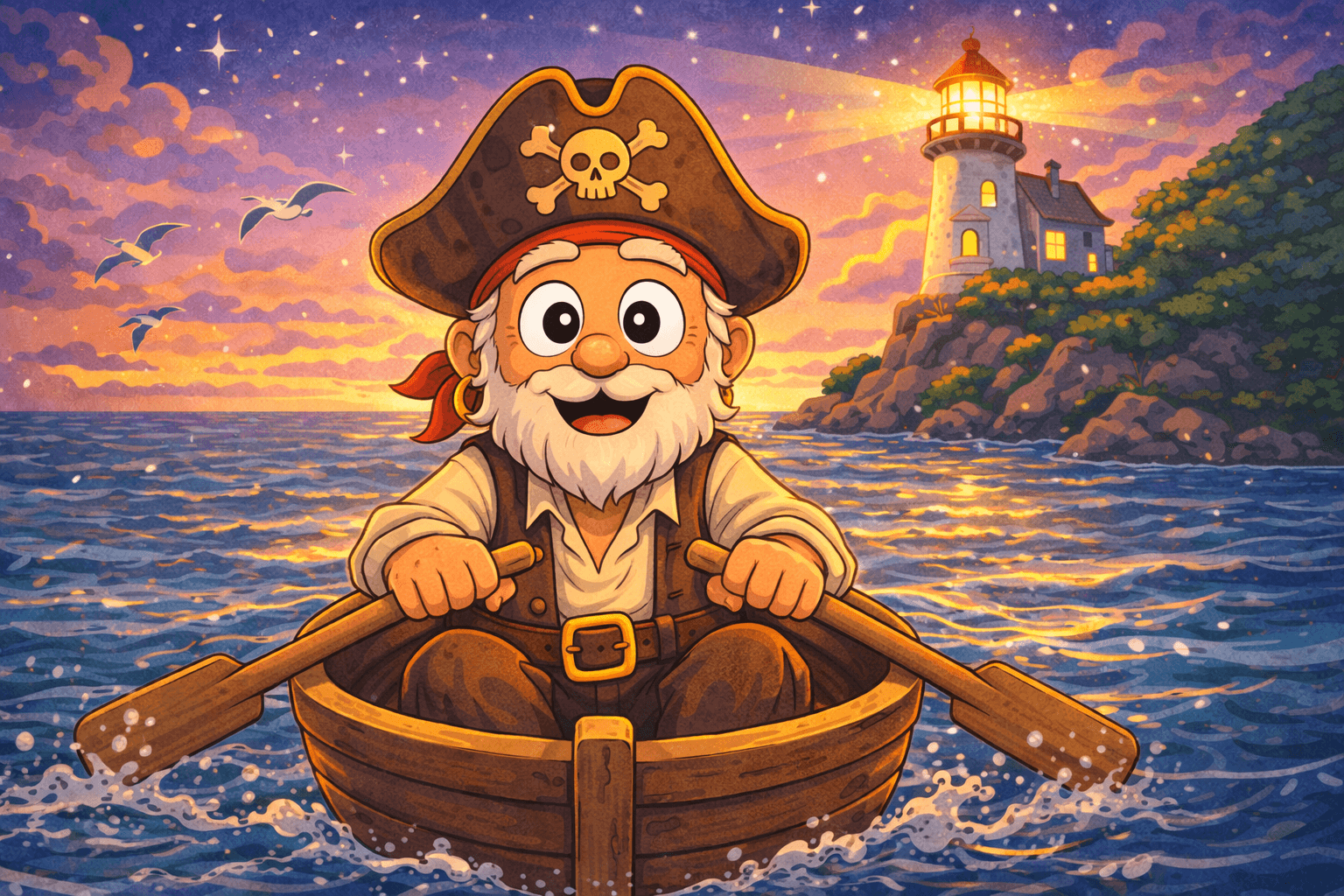 Captain Barnaby sailing across the sea in search of treasure