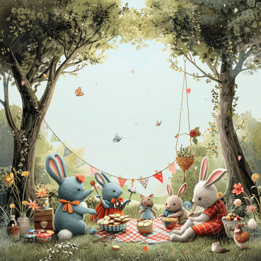 A cheerful spring party in a storybook meadow